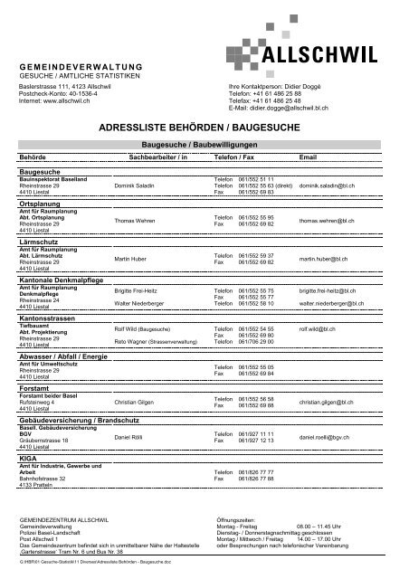 ADRESSLISTE BEHÖRDEN / BAUGESUCHE