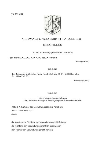 Klage Beim Verwaltungsgericht Muster PKH-Beschluss - Beispielklagen
