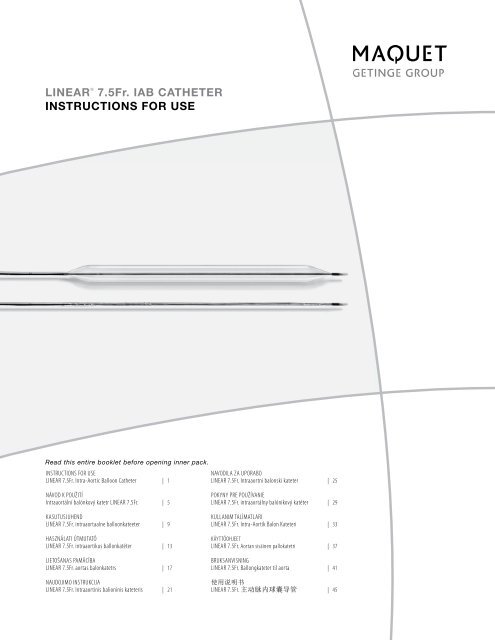 LINEAR® 7.5Fr. IAB CATHETER INSTRUCTIONS FOR USE - Maquet