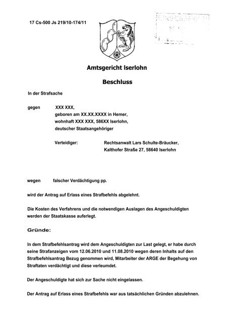 Amtsgericht lserlohn Beschluss - Beispielklagen