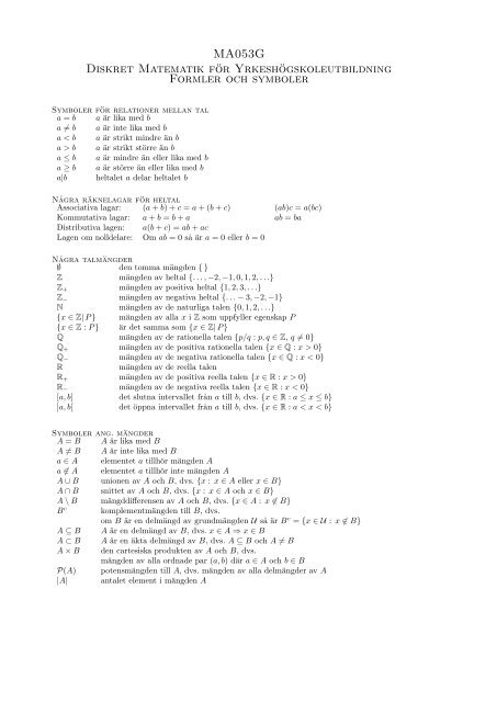 MA053G Diskret Matematik för Yrkeshögskoleutbildning Formler och ...