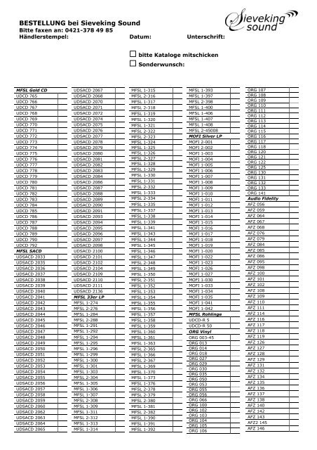 Bestellformular für Händler - Sieveking Sound