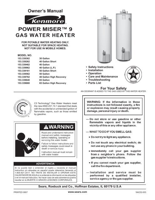 POWER MISER™ 9 GAS WATER HEATER - Sears Kenmore Power Miser 6 Parts Yumpu