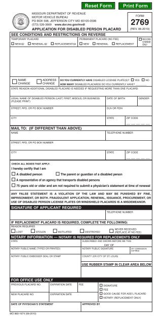 Application For Disabled Person Placard Form 2769 Missouri