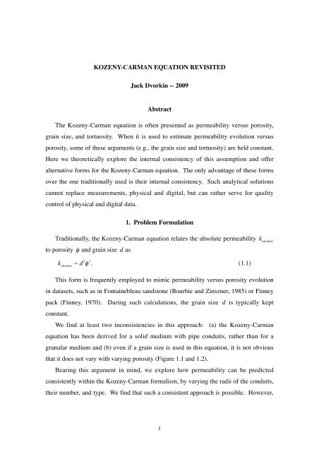 1 KOZENY-CARMAN EQUATION REVISITED Jack Dvorkin -- 2009 ...