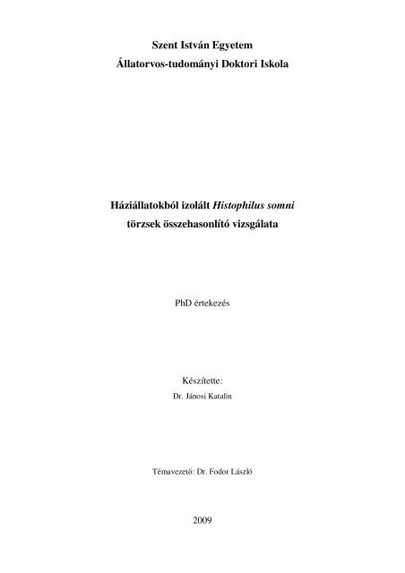 Jánosi - Állatorvostudományi Doktori Iskola - Szent István Egyetem ...