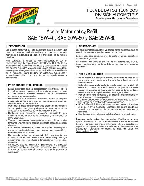Aceite Motormatic® Refill SAE 15W-40, SAE 20W-50 y ... - Roshfrans