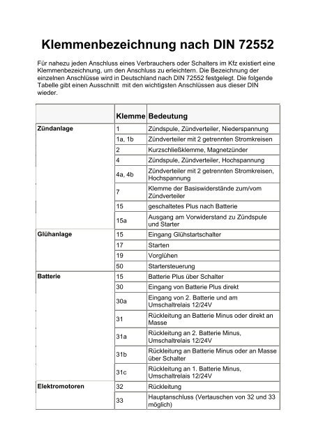 Klemmenbezeichnung nach DIN 72552