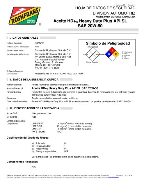 Aceite HD+ ® Heavy Duty Plus API SL SAE 20W-50 - Roshfrans