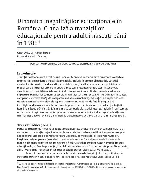 Dinamica InegalitÄƒÈ›ilor EducaÈ›ionale In Romania O AnalizÄƒ A