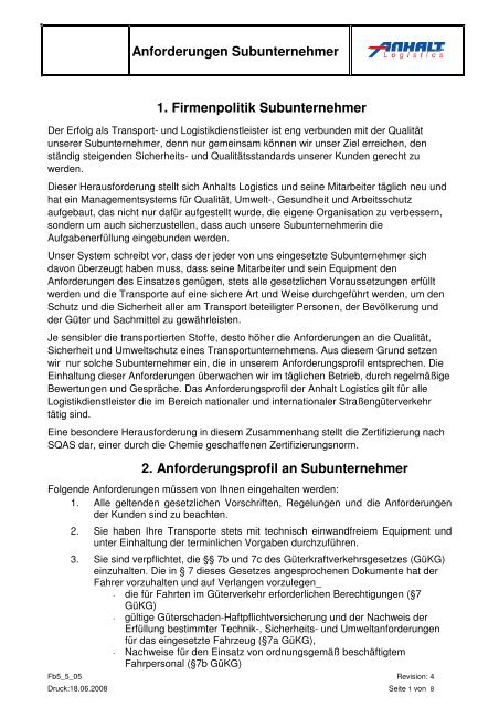 Anforderungen Subunternehmer 1. Firmenpolitik Subunternehmer 2 ...