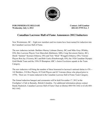 Canadian Lacrosse Hall of Fame Announces 2012 Inductees