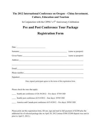 Pre and Post Conference Tour Package Registration Form