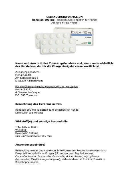 GEBRAUCHSINFORMATION Ronaxan 100 mg Tabletten ... - Merial