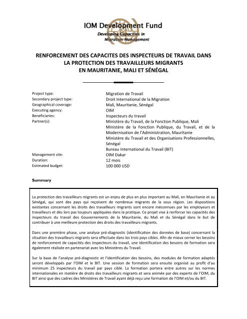 Renforcement des capacités des inspecteurs de travail dans la ...