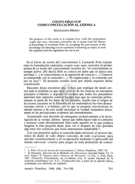 COGITO ERGO SUM COMO CONCULCACIÓN AL AXIOMA A En el ...