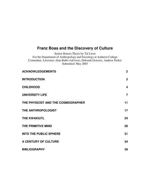 Franz Boas and the Discovery of Culture - Personal Web Pages ...