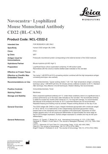 Novocastratm Lyophilized Mouse Monoclonal Antibody CD22 (BL ...