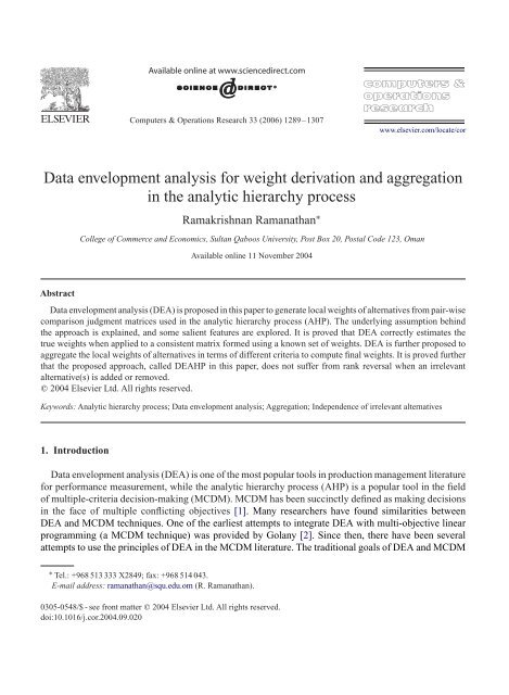 Data envelopment analysis for weight derivation and aggregation in ...