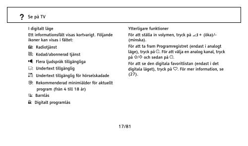 1/81 Innehållsförteckning Kontroller och indikatorer på fjärrkontroll ...