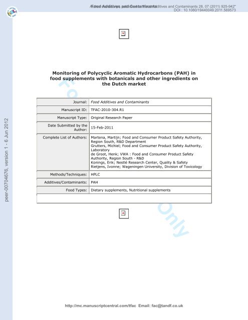 Monitoring of Polycyclic Aromatic Hydrocarbons (PAH) in food ...