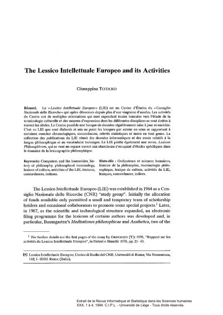 The Lessico Intellettuale Europeo and its Activities - Université de ...