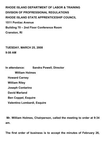 Apprenticeship Council - March 25, 2008 09:30 AM - Rhode Island ...