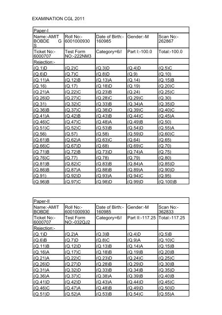 EXAMINATION CGL 2011 Paper-I Name:-AMIT BOBDE G S Roll No ...