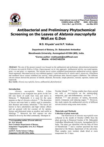 Antibacterial and Preliminary Phytochemical Screening on the ...