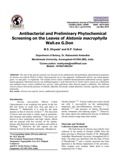 Antibacterial and Preliminary Phytochemical Screening on the ...