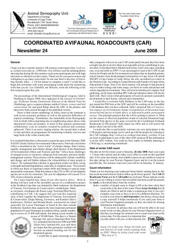 Coordinated avifaunal roadCounts (Car) - University of Cape Town