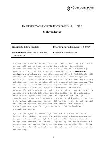 Högskoleverkets kvalitetsutvärderingar 2011 – 2014 - Södertörns ...