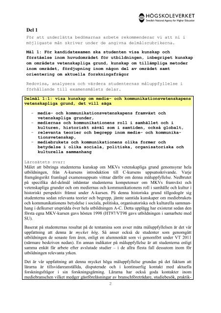 Högskoleverkets kvalitetsutvärderingar 2011 – 2014 - Södertörns ...