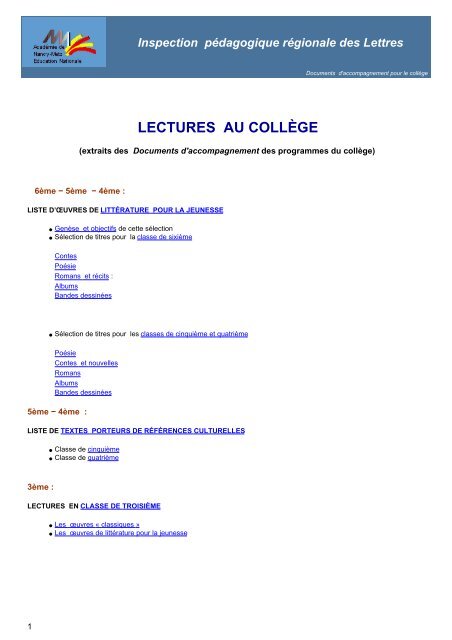 Lectures au collège - Académie de Nancy-Metz