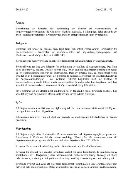 Riktlinjer för bedömning av kvalitet på examensarbete vid Chalmers ...