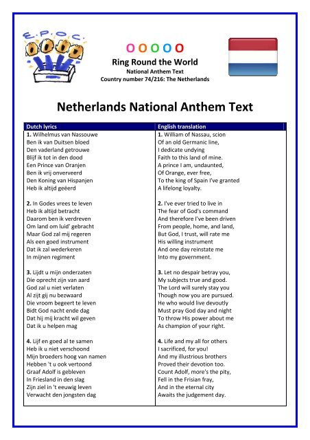 Netherlands National Anthem Text - Ring Round The World