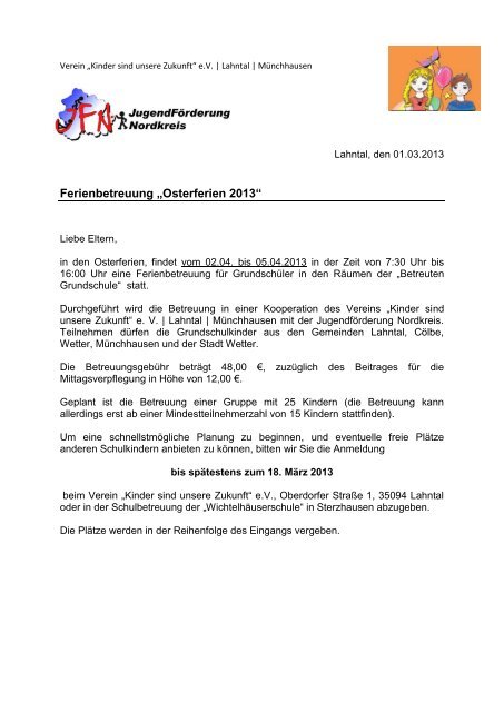 Ferienbetreuung „Osterferien 2013“ - Gemeinde Cölbe