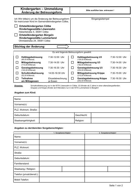 Formular Ummeldung, Änderung der ... - Gemeinde Cölbe