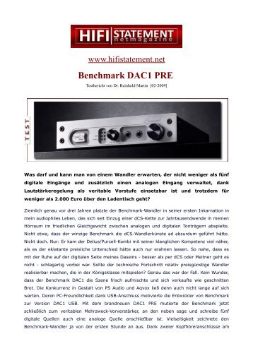 Benchmark DAC1 PRE - Analog Audio Gmbh