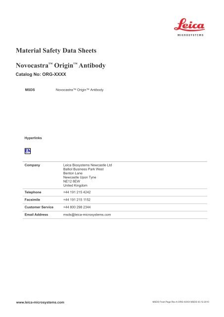 Material Safety Data Sheets Novocastra™ Origin™ Antibody