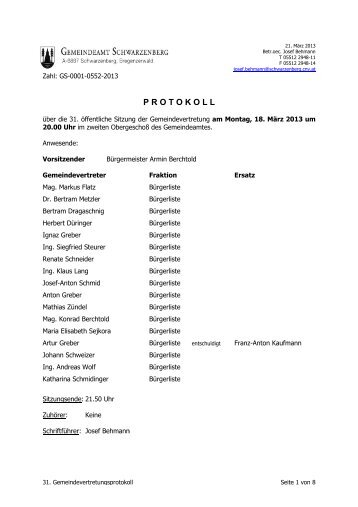 Protokoll der 31. Gemeindevertretungssitzung vom ... - Schwarzenberg