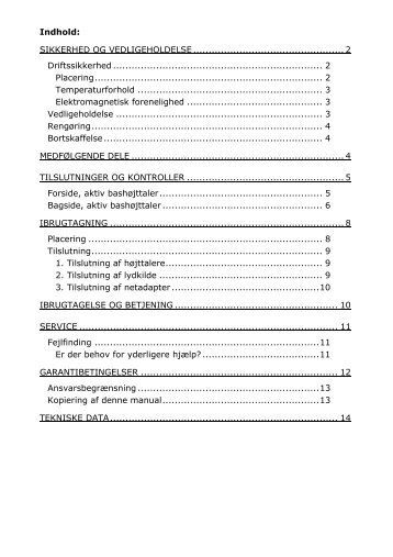 Indhold: SIKKERHED OG VEDLIGEHOLDELSE ... - medion