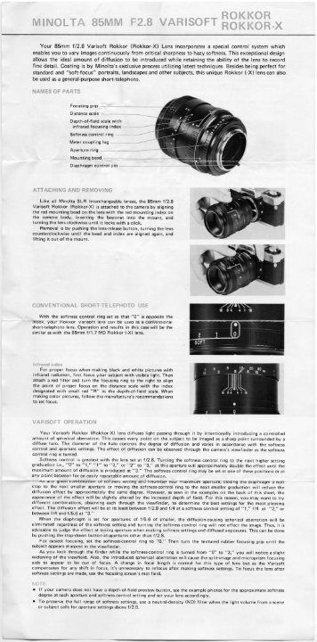 Minolta MD Varisoft Rokkor 85 mm f/ 2.8 user manual - Lens-Club