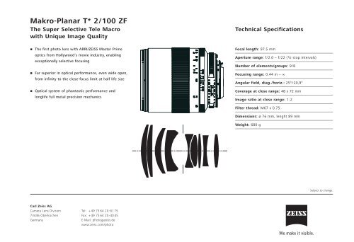 Carl Zeiss Makro-Planar T* 2/100 datasheet - Creative Video