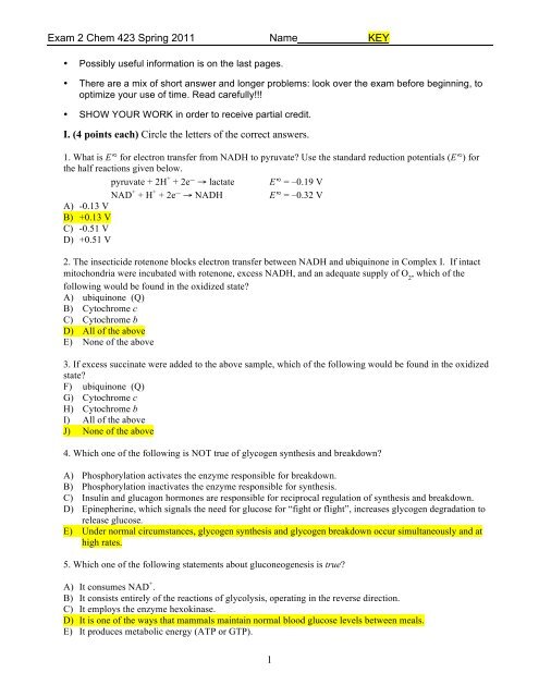 Exam 2 Chem 423 Spring 11 Name Key 1 I 4 Points Each
