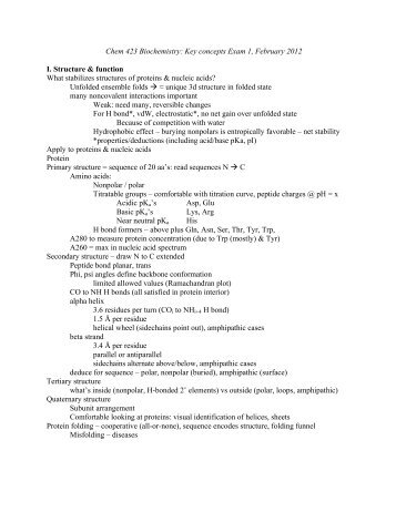 Chem 423 Biochemistry: Key concepts Exam 1, February 2012 I ...