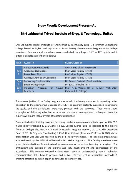 Three-day Faculty Development Program At Shri Labhubhai Trivedi ...