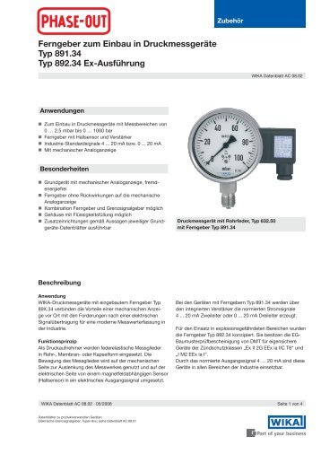 Ferngeber zum Einbau in Druckmessgeräte Typ 891.34 Typ 892.34 ...