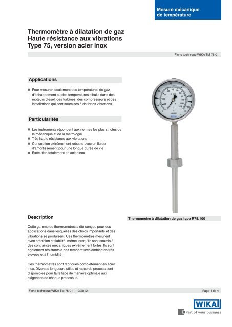 Thermomètre à dilatation de gaz Haute résistance aux vibrations ...