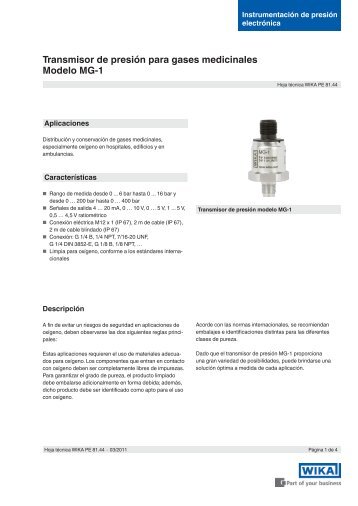 Transmisor de presión para gases medicinales Modelo MG-1